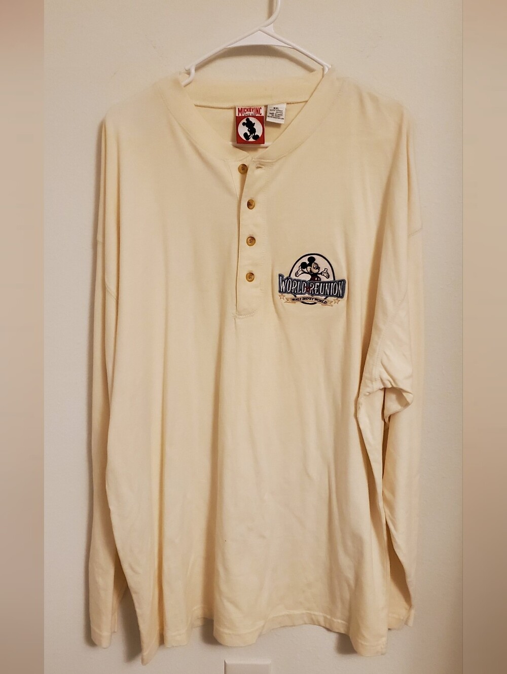 Vintage 90s Mickey Inc Mickey Mouse World Reunion Long Sleeve Henley Cream Shirt